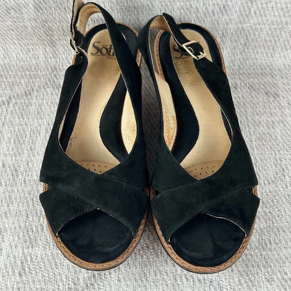 Sofft Womens Black Suede Cork Wedge Peep Toe Slingback Sandals Size 7.5M CBHK12